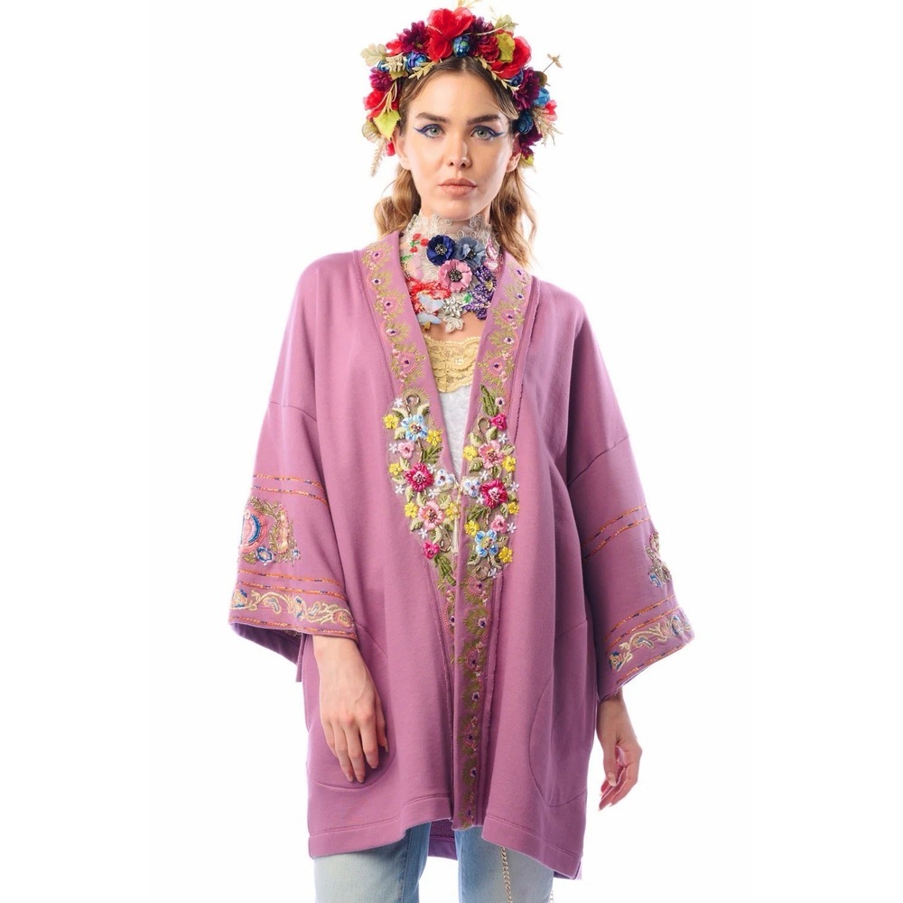 Aratta Juliette Embellished French Terry Kimono One Size Floral Boho Hippie
